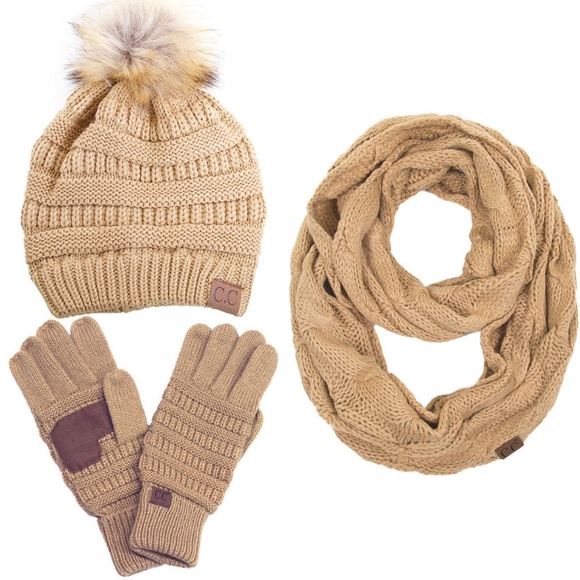 C.C 3pc Knit Warm Pom Beanie Gloves Scarves Set main image 6